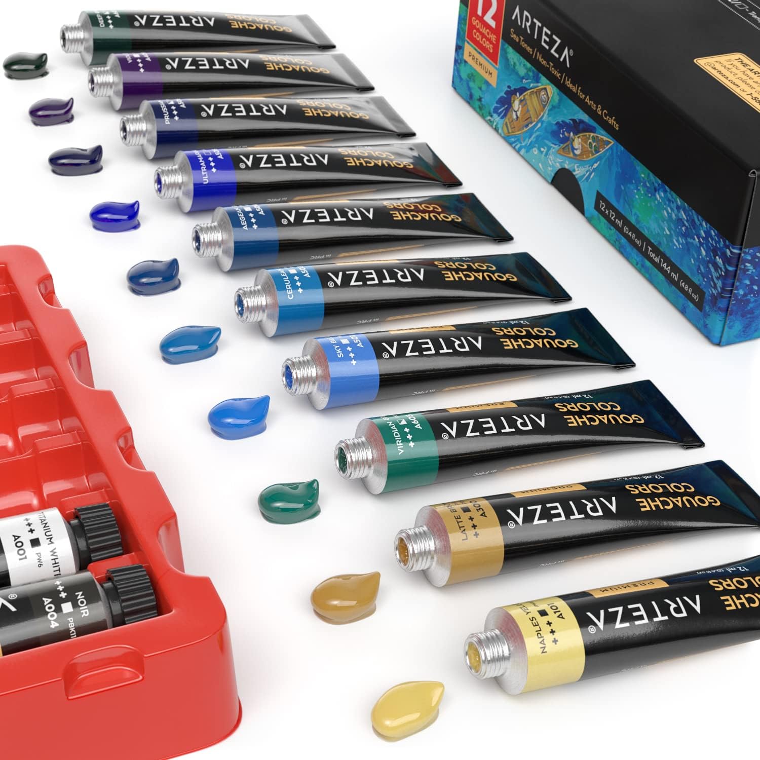 ARTEZA Gouache Paint, Set of 12, Sea Tones, 0.4 US fl oz Gouache Paint Tubes, Opaque Gouache Set